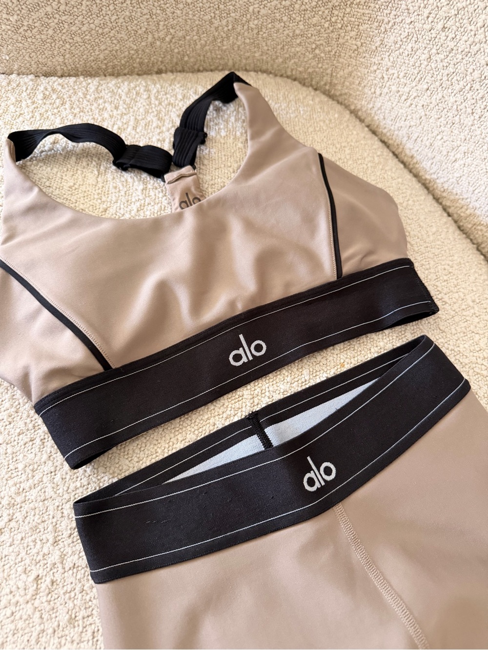 ALO Yoga Taupe and Black Sports Bra & Legging Set